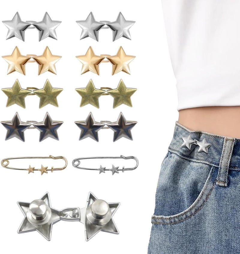 ROPAKED 10 Set Pant Waist Tightener Star Buttons Pins for Loose Jeans Reusable Waist Cincher Clip Metal Star Brooch for Clothing Dresses Skirts No Sewing Decoration Accessories - Image 1